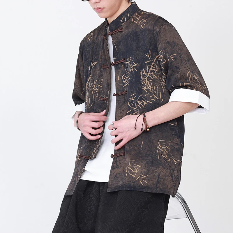 Chinese Style Men's Casual Print Shirt New Arrival 2026 Summer Vintage Mandarin Collar Loose Male Short Sleeve Tops Shirts N123