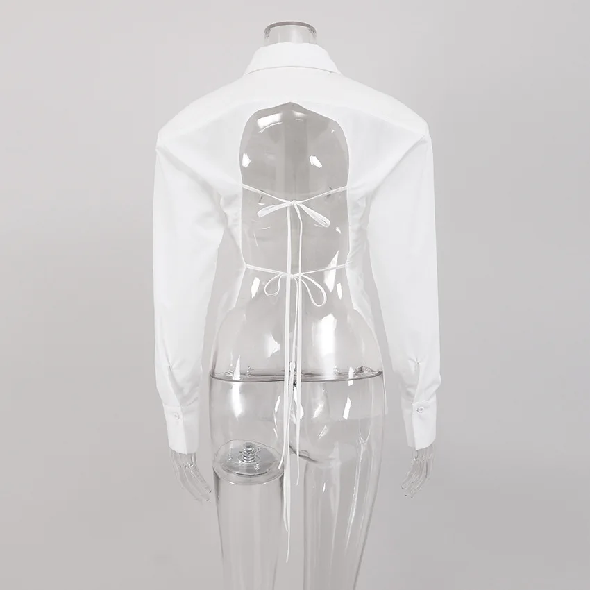 Bangniweigou-Camiseta blanca elegante con recortes dibujados y espalda descubierta para mujer, camisa de manga larga con una botonadura