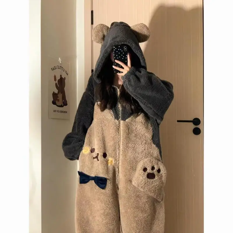 Girl Conjoined Pajamas Winter Cartoon Fleece-Lined Thicken New Nightwear Flannel Keep Warm Sleepwear Little Bear Hooded Homewear