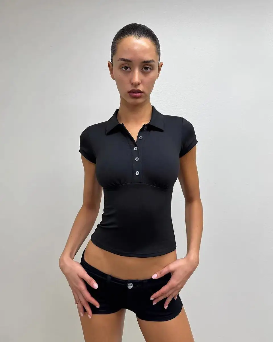 ank air summer black polo collar T-shirt slim fit shoulder short sleeved top ba…