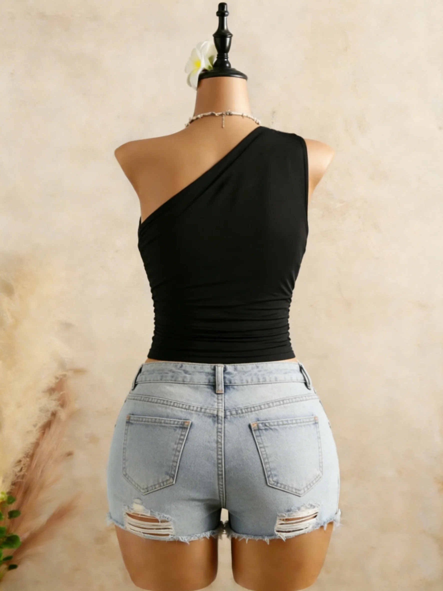 Women 2 Pack One Shoulder Ruched Crop Top Set Casual Sleeveless Leopard Print & Solid Crop Top Set