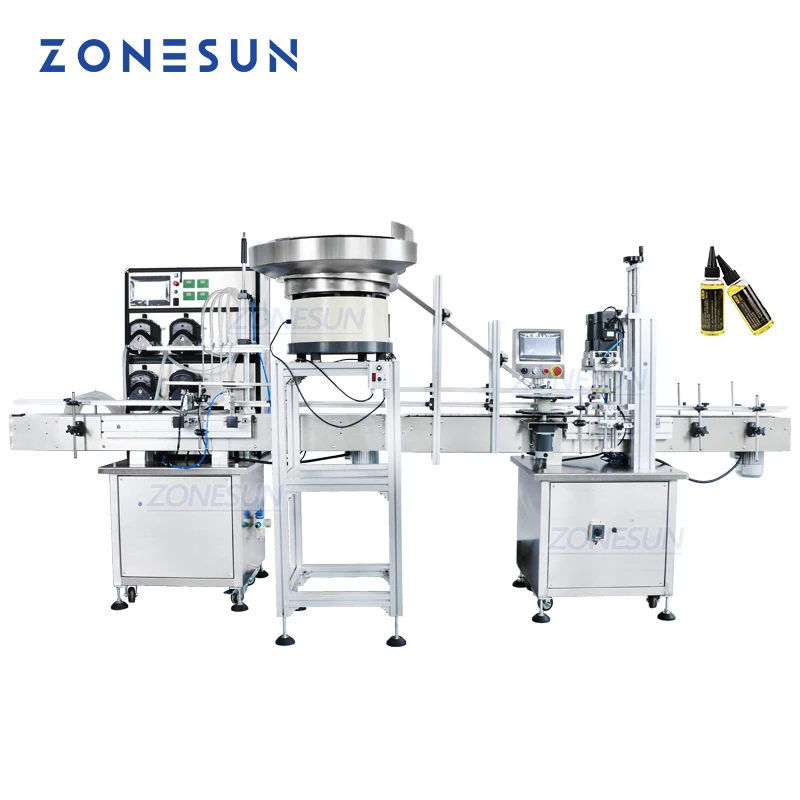 ZONESUN Automatic Liquid Filling And Capping Machine 4 Heads Production Line Water juice Eye Drop Perfume With Cap Feeder