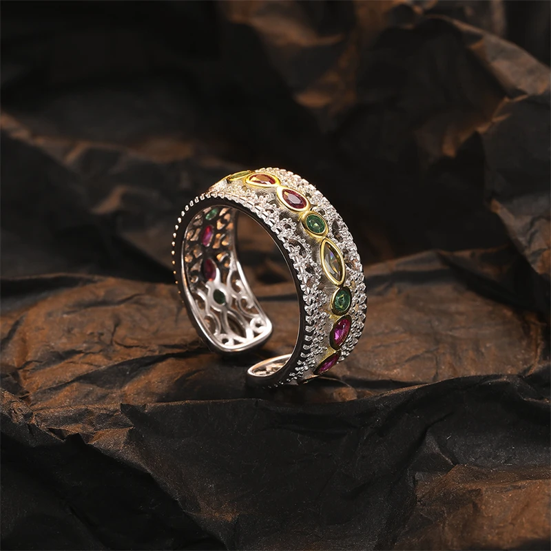 925 Sterling Silver Two Tone Colorful Zircon Wide Open Rings For Women Vintage Lace Hollow Craft Court Style Chic Ring Gift