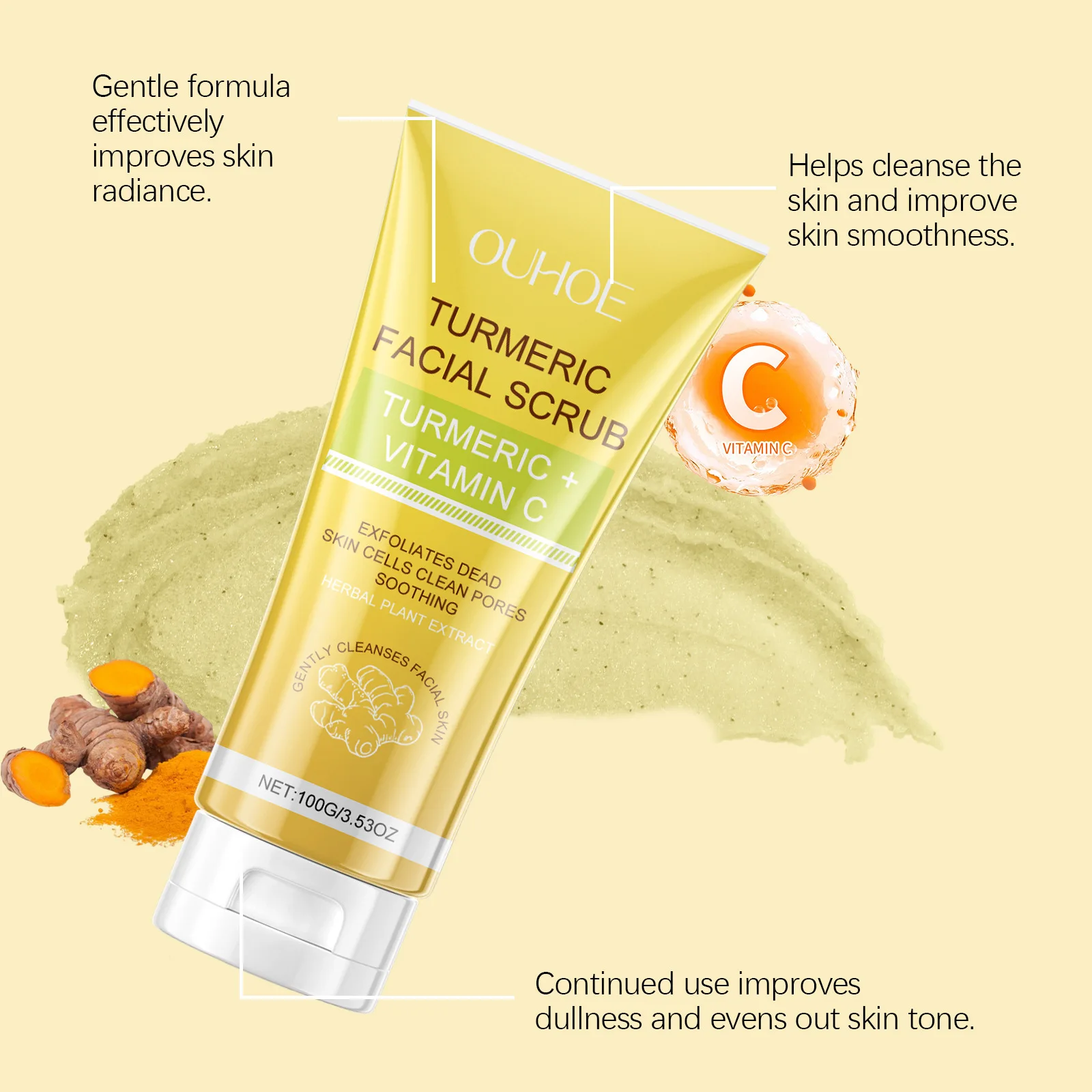 Exfoliating Face Scrub Turmeric Pores Cleaning Face Brightening Soothing Moisturize Nourish Blackhead Dead Skin Remover Scrub