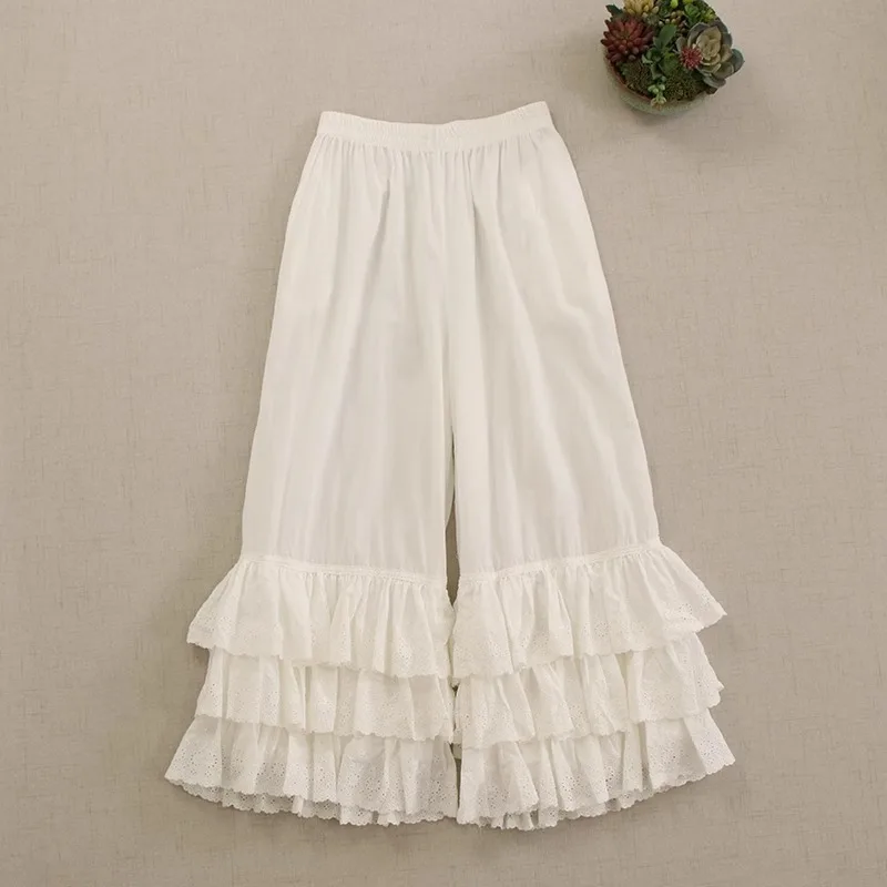 Japanese Sweet Mori Girl Three Layer Lace Hem Cotton Wide Leg Pant Women Autumn New Elastic Waist Thin Cropped Pant Underpants