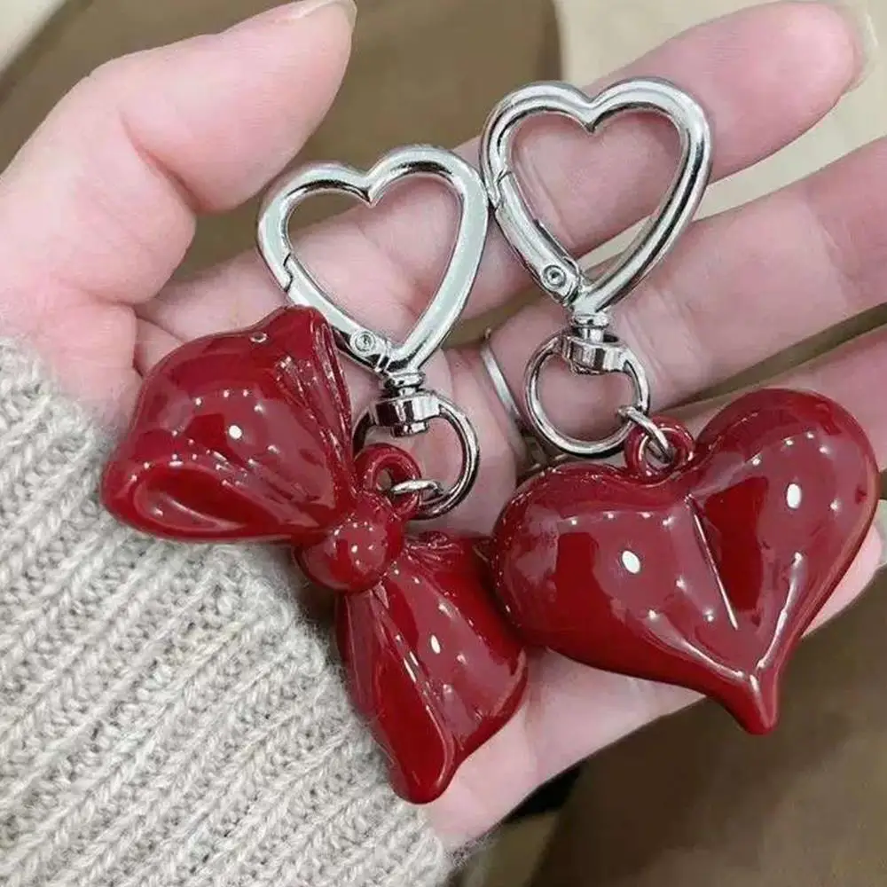 New Retro Red Bowknot Heart-shaped Pendant Key Chains Y2k Acrylic Bow Keychain Bag Decoration Mobile Phone Straps Free Shippping