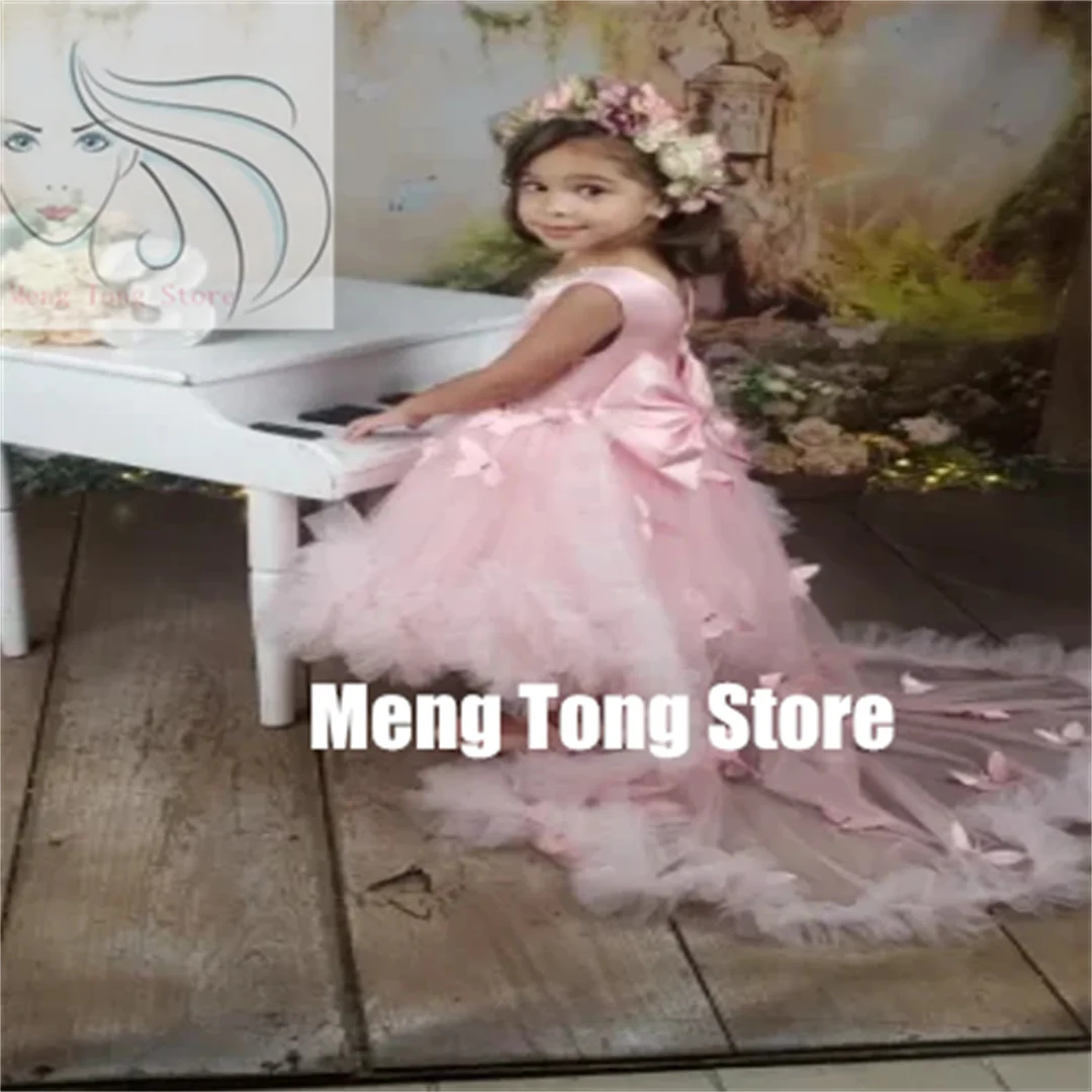 

Customized Puffy Girl Dress Pink Baby Dress with Train Flower Girl Dress Bow Cute Kid's Child Birthday Dresses Frist
