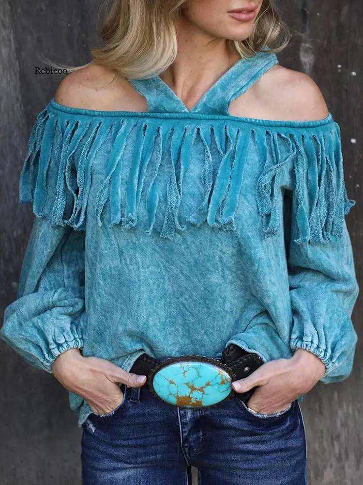 

Women Vintage Chic Tassel Tops Fashion Patchwork Off Shoulder Slash Neck Pullover Tops Fashion Solid Fringed Blouse 2022 Summer