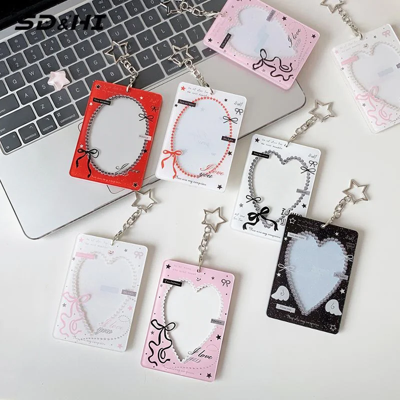 Heart Bow Photocard Holder With Star Keychain Cute Lace Frame ID Card Cover Kpop Photocard Sleeve Bag Pendant Gift For Fans Girl