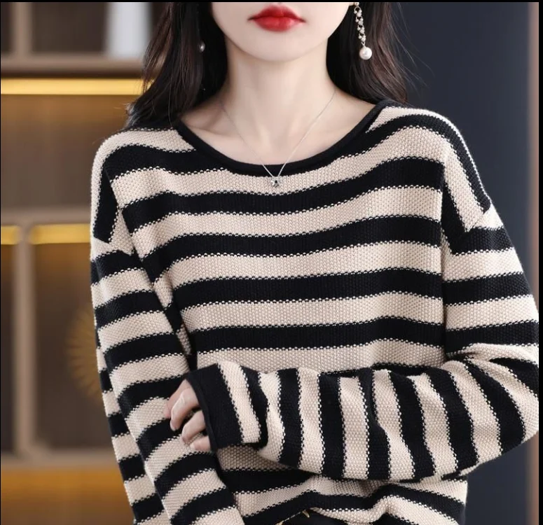 New Spring and Autumn Fashion Lazy Style Retro Stripe Contrast Round Neck Loose Versatile Slim Long Sleeve Women's Sweater