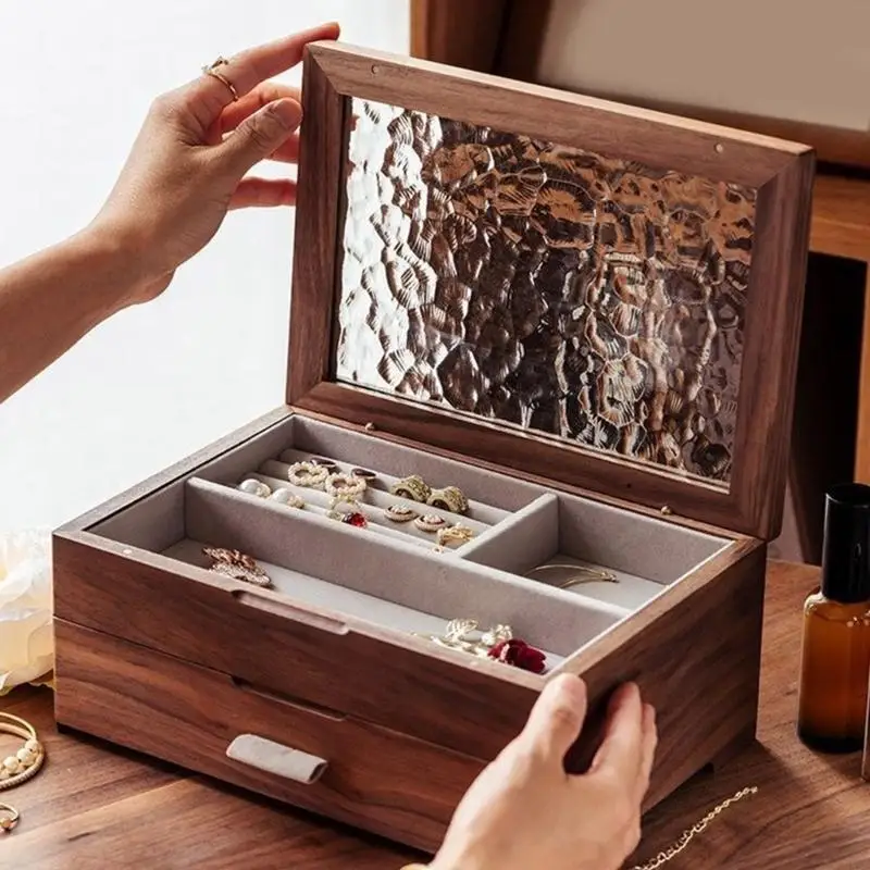 Sophisticated Wood Jewelry Keeper with Glass Lid  Double Layer Multiple Drawer Jewellery Holder Accessories Container