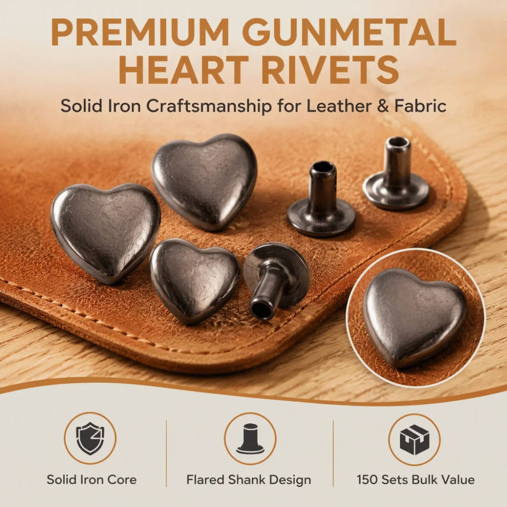 30 Pcs Count Gunmetal Color Heart Shape Rivets Tubular Type Screw Back Metal Stud Rivets 8mm Size Double Layer Studs