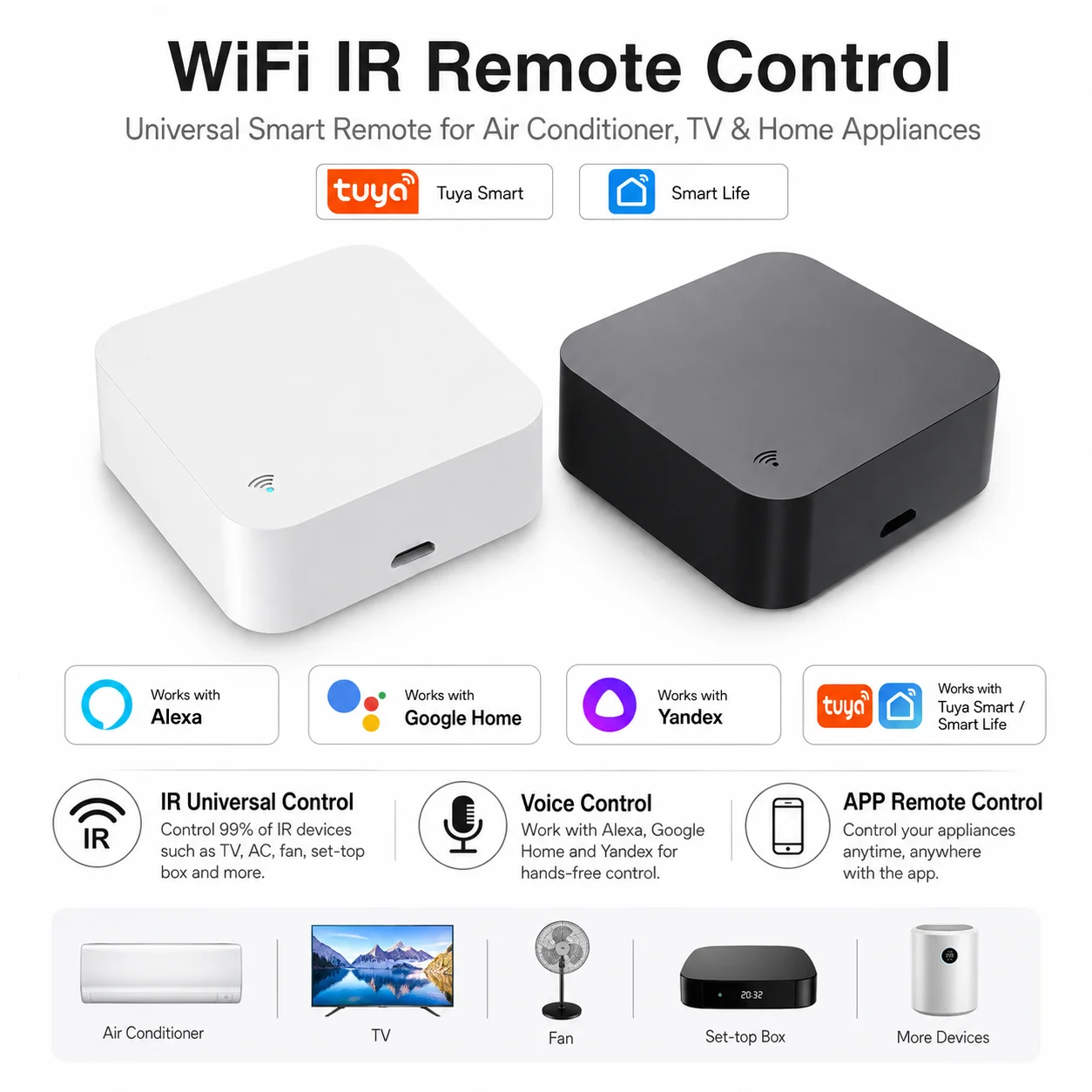 Tuya WiFi IR-Fernbedienung für Klimaanlage und Fernseher, Smart Home Infrarot-Universalfernbedienung für Alexa, Google Home, Yandex