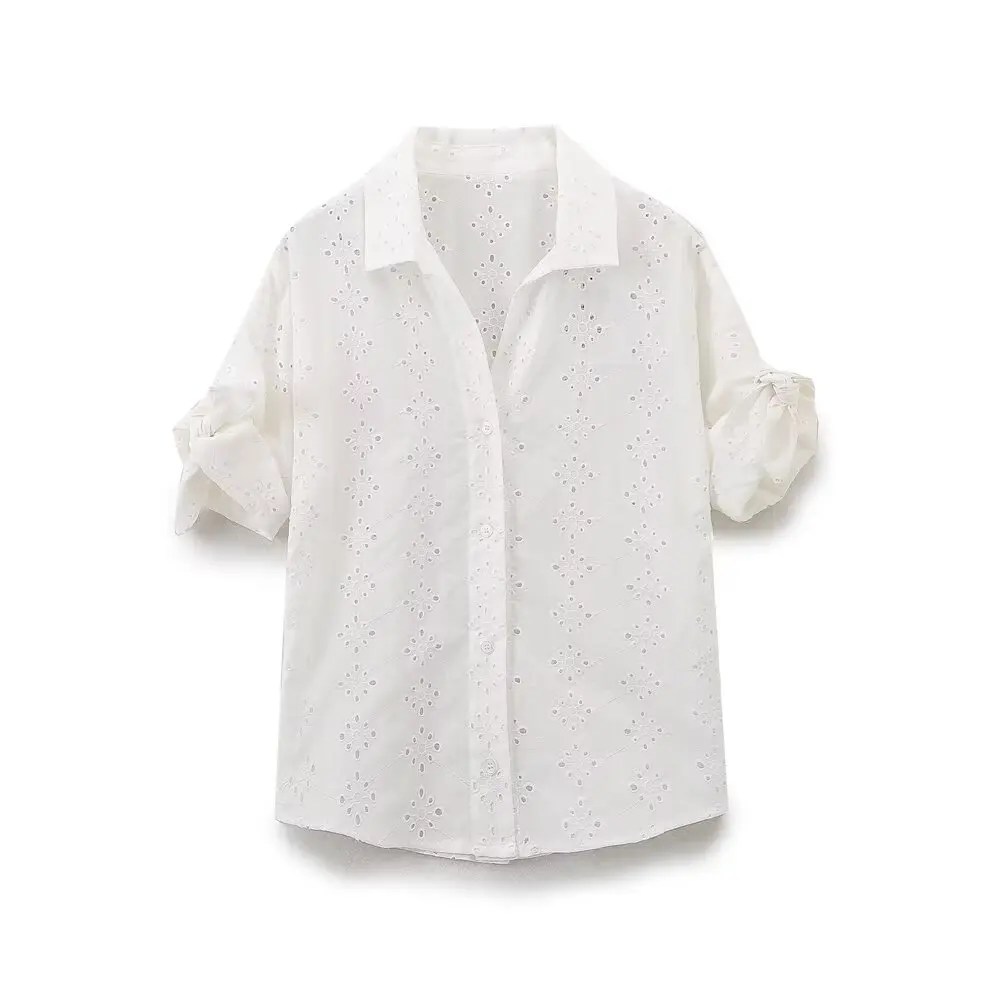 Tangada Women 85% Cotton Hollow Embroidery Shirt 2024 Summer Female Bow Short Sleeve Blouse Tops 6H0195