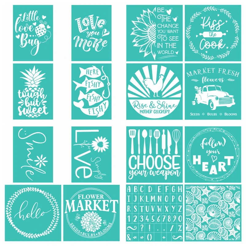 Reusable Self-Adhesive Silk Screen Printing Alphabets Flower Market Fishy Used on Wood Glass Plastic Acrylic DIY Stencils 2023