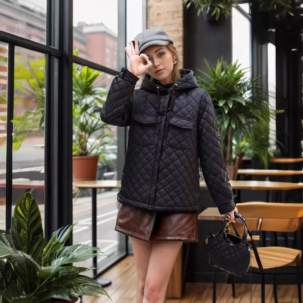 

Женская ромбическая хлопковая стеганая куртка с коротким капюшоном, легкая осенне-зимняя новая тонкая хлопковая куртка