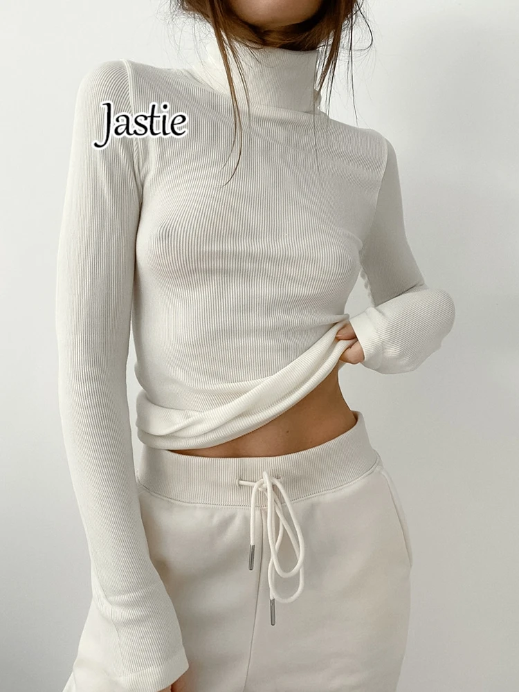 

Jastie 2024 Fashion Knitted Top Skinny For Women Casual Pullover Long Sleeve Turtleneck Y2k Top White Streetwear Patchwork Top