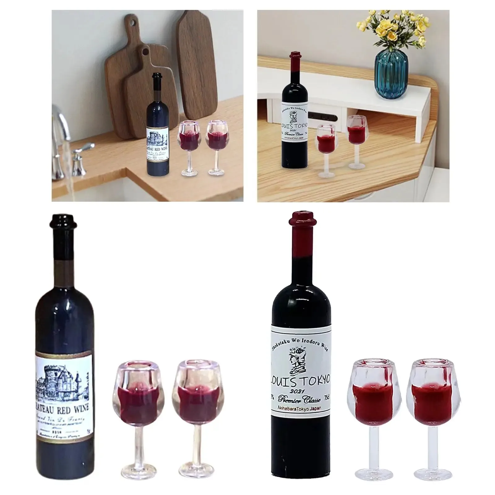 1:12 Red Wine Glass and tall Glass Models Dollhouse Wine Bottle Cups Scenery Supplies Dollhouse Accessories