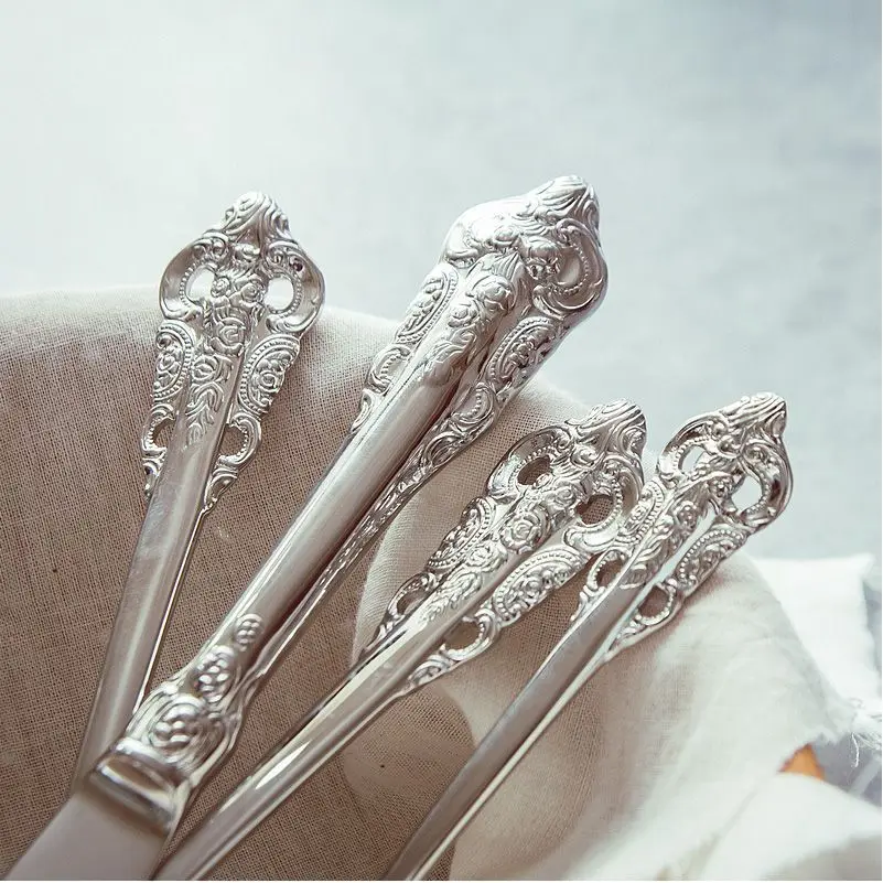 Luxury Vintage Cutlery Tableware Set 24pcs Silver 304 Stainless Steel Steak Knives Forks Spoons Western Dinnerware Sets