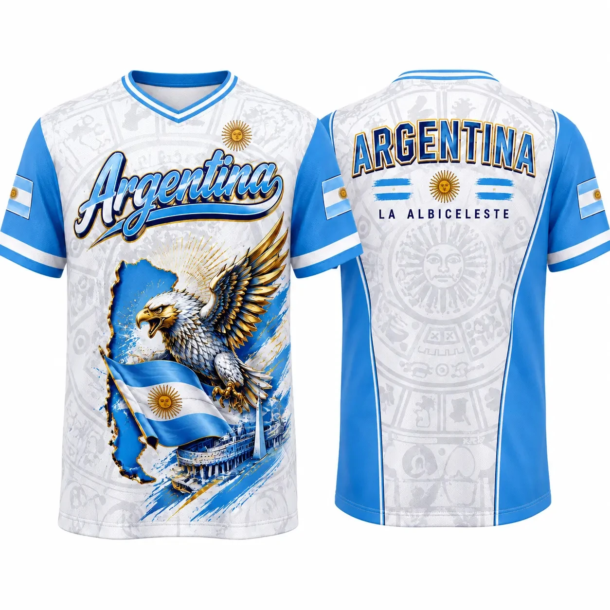 Argentina Flag 2026 Eagle Pattern Soccer Jersey Blue & White Vintage Football Fan Shirt for Men, Breathable Casual Sports Tee