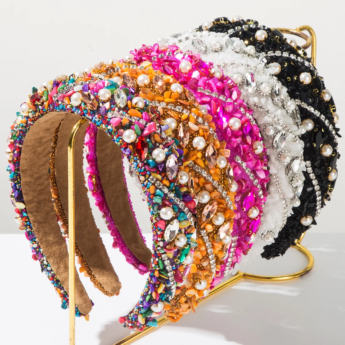 

New Vintage Heavy Industry Pearl Diamond Colored Stone Headband Baroque Premium Banquet Ball Hair Accessories