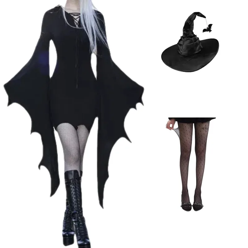 

Halloween Gothic Vintage Batwing Sleeve Dress Witch Vampire Cosplay Black Sexy Slim Dresses Hat for Women Carnival Party Outfits
