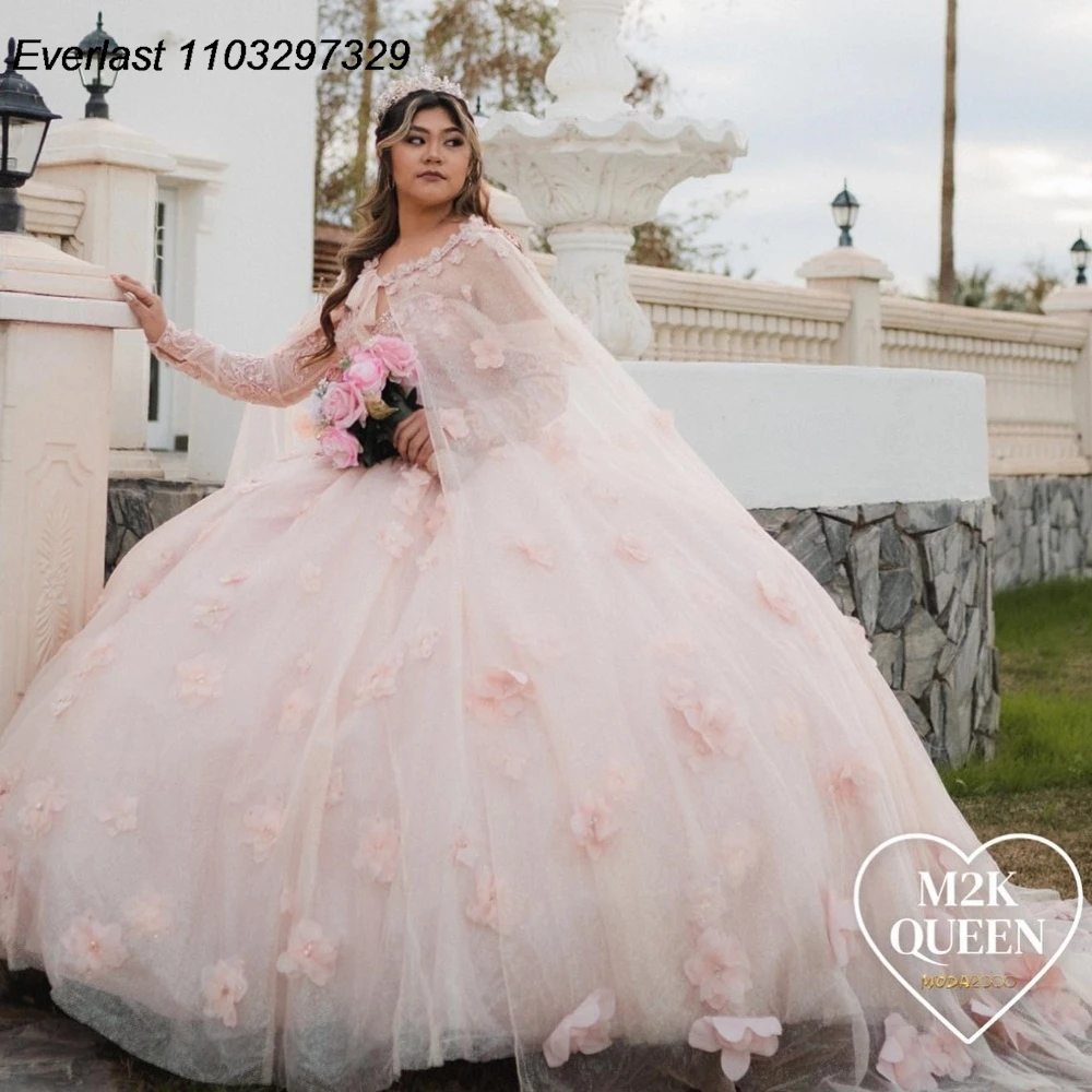 EVLAST Mexican Pink Quinceanera Dress Ball Gown 3D Flowers Applique Beaded Crystal With Cape Sweet 16 Vestidos De 15 Anos TQD811