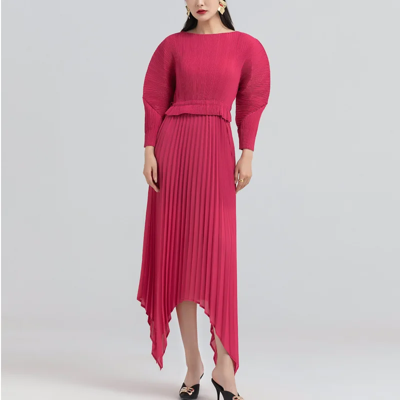 

Woman dress Miyake Pleated Fashion High Street Solid Loose Large Size Slash Neck Summer Batwing Sleeve Mid-Calf Dresses Tdie