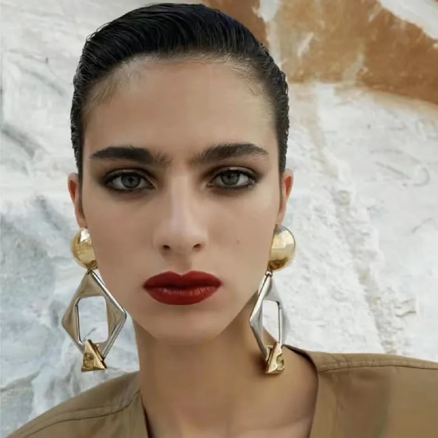HUANZHI Vintage Gold Silver Color Splicing Geometric Drop Earrings Exaggerated Personality Large Jewelry for Fashion Women