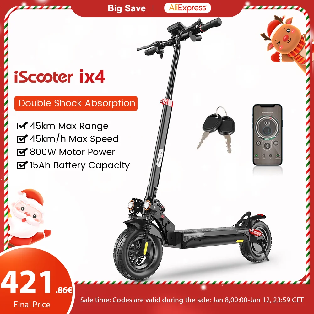 iScooter iX4 Electric Scooter 800W 15Ah Powerful Electric Kick Scooter Anti-skid Off-road Tire  45km Range eScooter 45km/h Speed