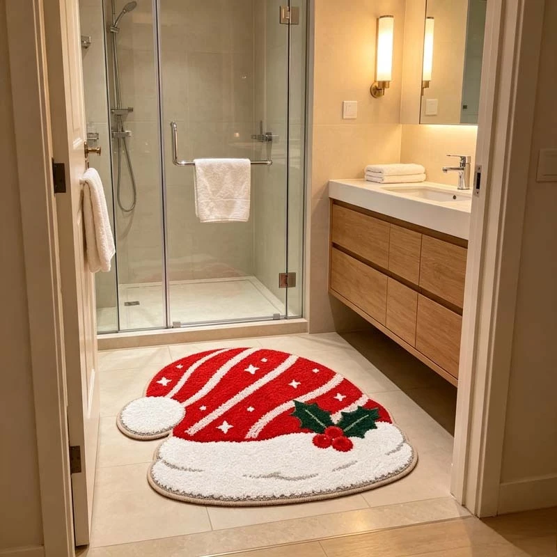 Christmas Bath Mat 80x80cm Fluffy Super Absorbent Plush Rug Non Slip Quick Dry Carpet for Bathroom Bedroom Living Room Entryway