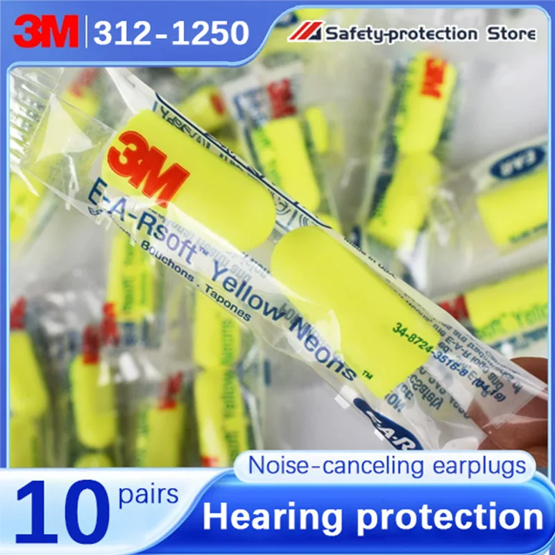 10 Pairs】Genuine 3M 312-1250 Sponge Soft Cord Earplugs Noise Canceling Norope Earplugs Noise Protection Earmuffs.