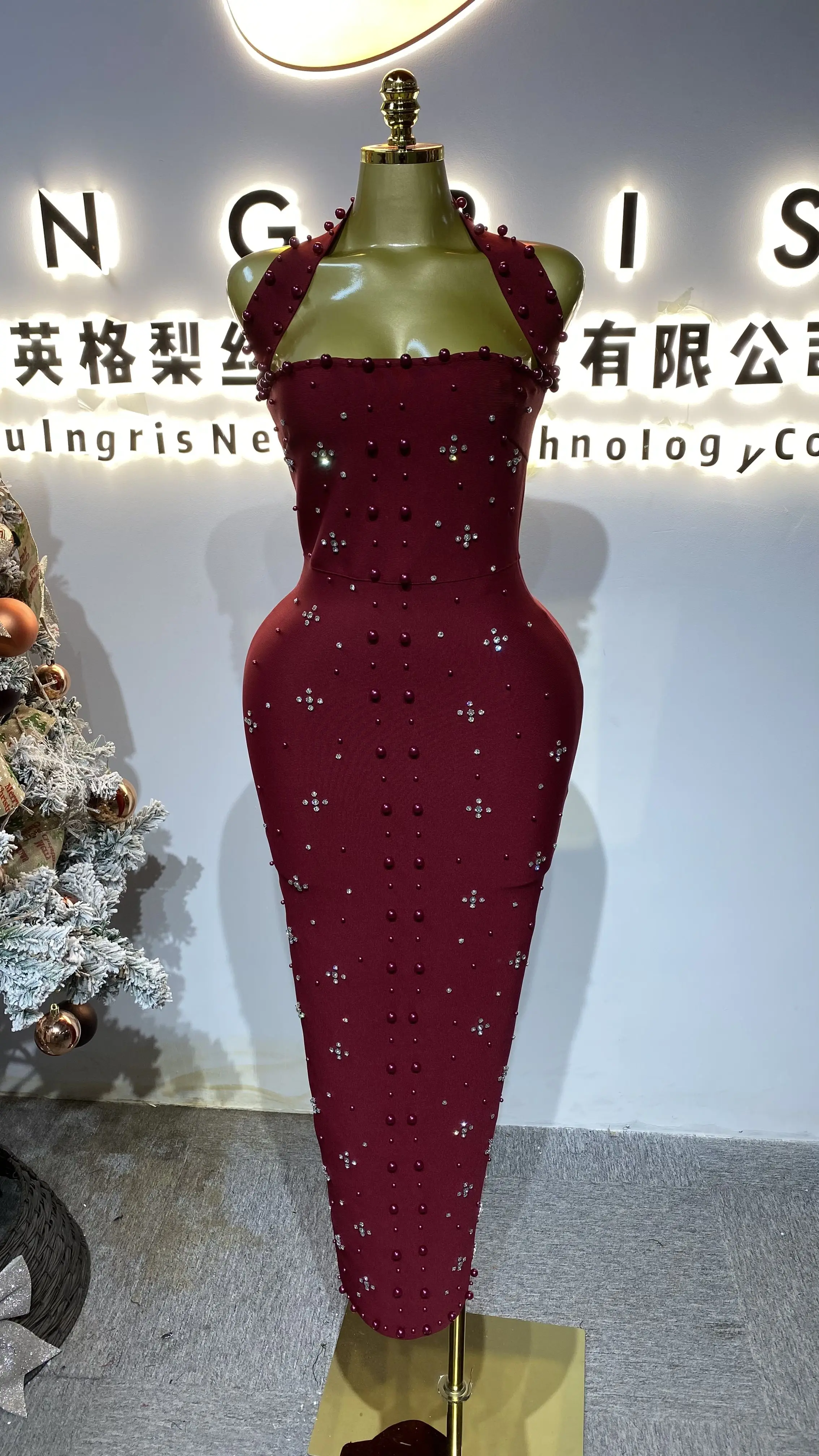 Vestido maxi feminino de luxo, sem mangas, diamante, pérola, bandagem, costas nuas, sexy e slim fit, vestido de festa-GZXX399