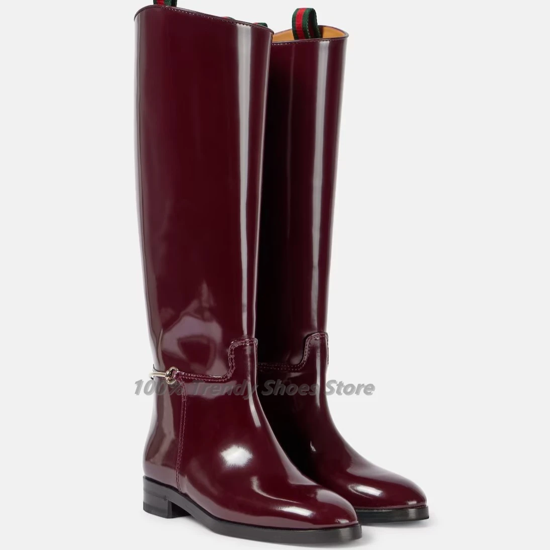 

New Thick Heel Round Toe Knee High British Style Large Circumference Loose Straight Metal Buckle Long Knight Boots