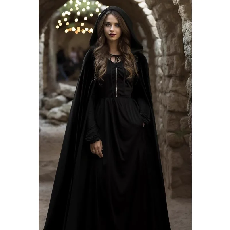 

Retro Black Cape Hooded Halloween Costume Skirted Coat Belted Large Skirt Vintage Style Women's Stage Costume Tunic