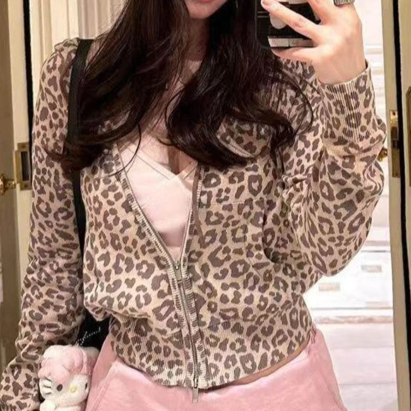 American Retro Leopard Print Cardigan Jacket Slim Hooded Leopard Print Fashion Casual Hooded Sweater Jacket Trendy