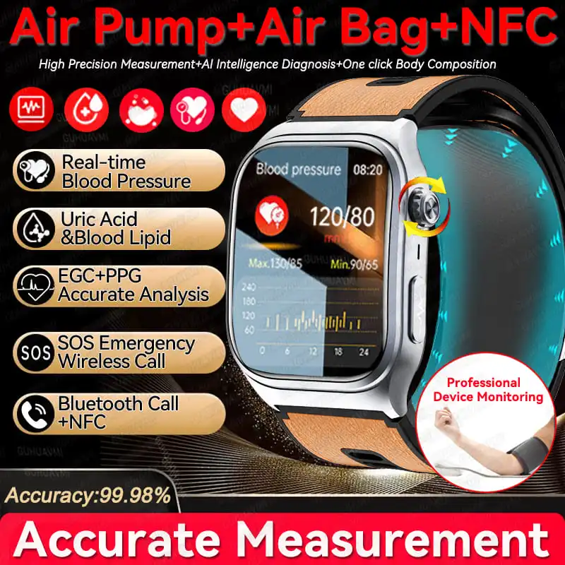 

2025 AI Diagnosis Air Pump Airbag Blood Pressure Smartwatches Men ECG Uric Acid Lipid Heart rate Bluetooth Call NFC Smart Watch