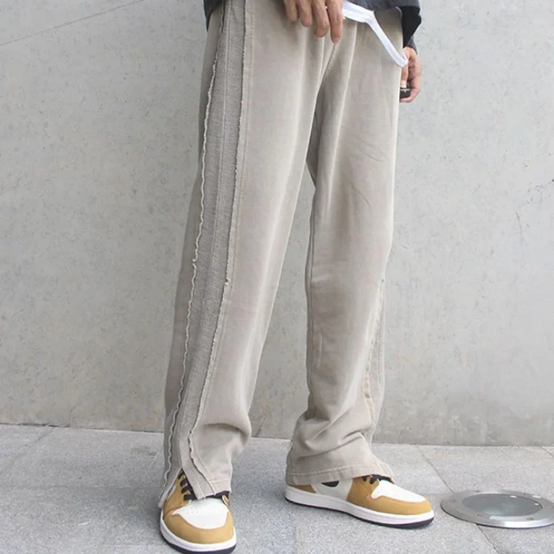 Trousers Male Slit Wide Men\'s Casual Pants Black Loose New in Streetwear Trend Stylish Cotton Sale Korean Style Harajuku Summer