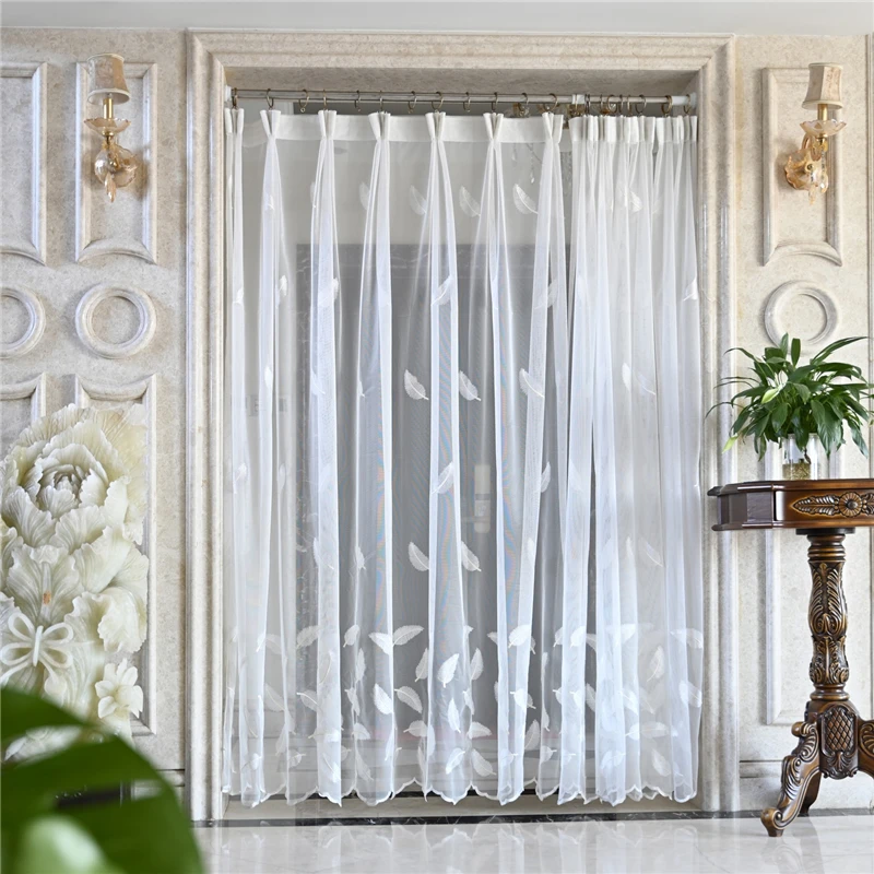 French Romantic White Feather Embroidered Sheer Curtain Elegant Transparent Window Screen For Living Room Bedroom Kitchen Decor