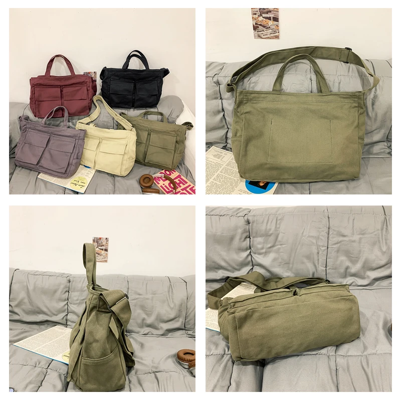 حقيبة نسائية كبيرة من القماش حقيبة صديقة للبيئة حقيبة ساعي كورية Y2K حقيبة كتف كروس للمتسوقين حقيبة مورس للجنسين جيوب حقائب يد عتيقة