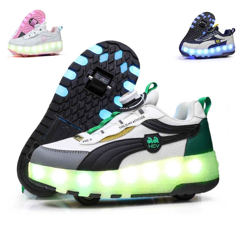 Kids Swivel Buckle Two Wheels USB Charging Sneakers LED Light Roller Skate Shoes For Children Fashion Boys Girls Luminous Shoes