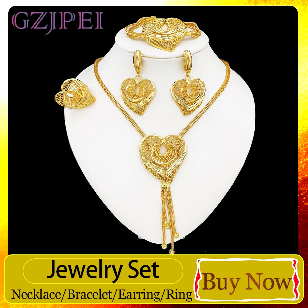 

GZJPEI Gold Color Heart Jewelry Set Love Pendant Necklace Drop Earrings For Women Wedding Party 2026 Trending Hight Quality