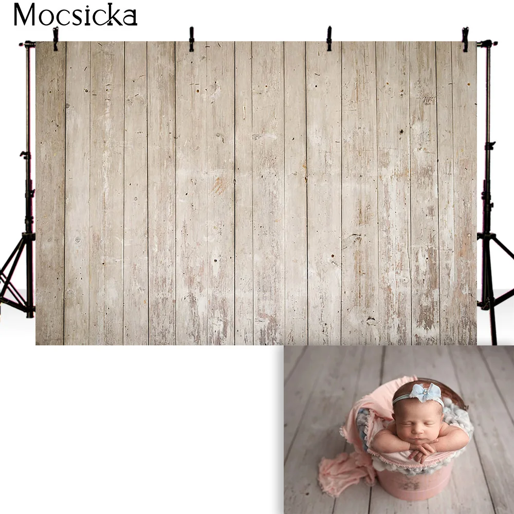 Mocsicka Wood Floor Photography Background Newborn Portrait Photo Wallpaper Rubber Mat White Brown Decorative Props Studio Booth