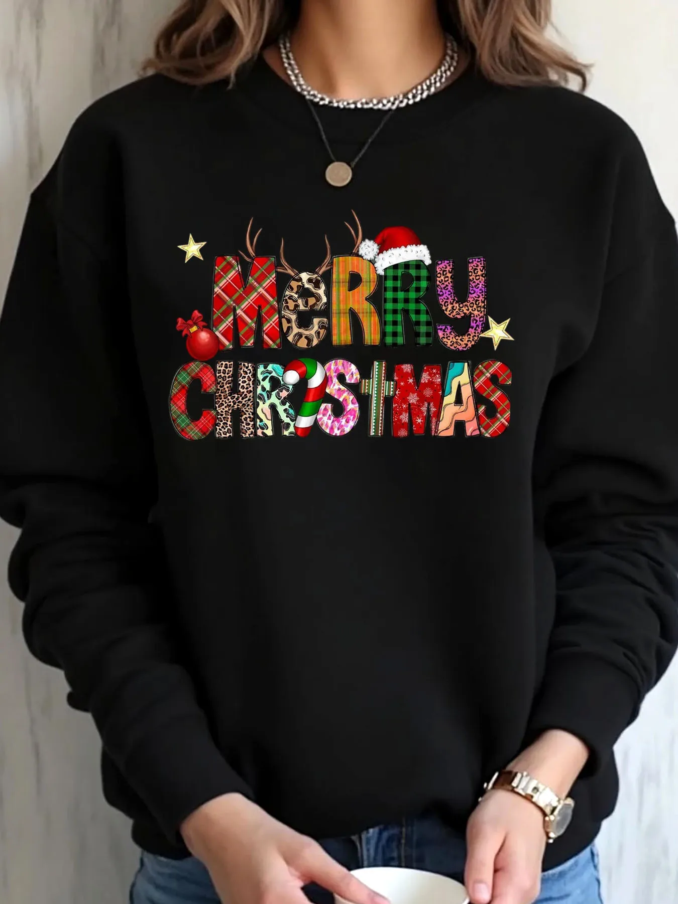 Sweat-shirt surdimensionné pour femmes, imprimé de renne à carreaux joyeux noël, vêtements d'extérieur