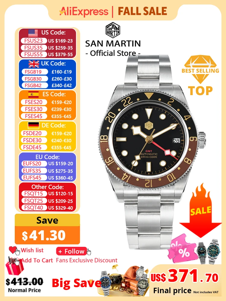 San Martin Root Beer Classic Vintage Luxury Men's Watch 39mm NH34 GMT Automatic Mechanical Watch Sapphire Waterproof 100m SN0109