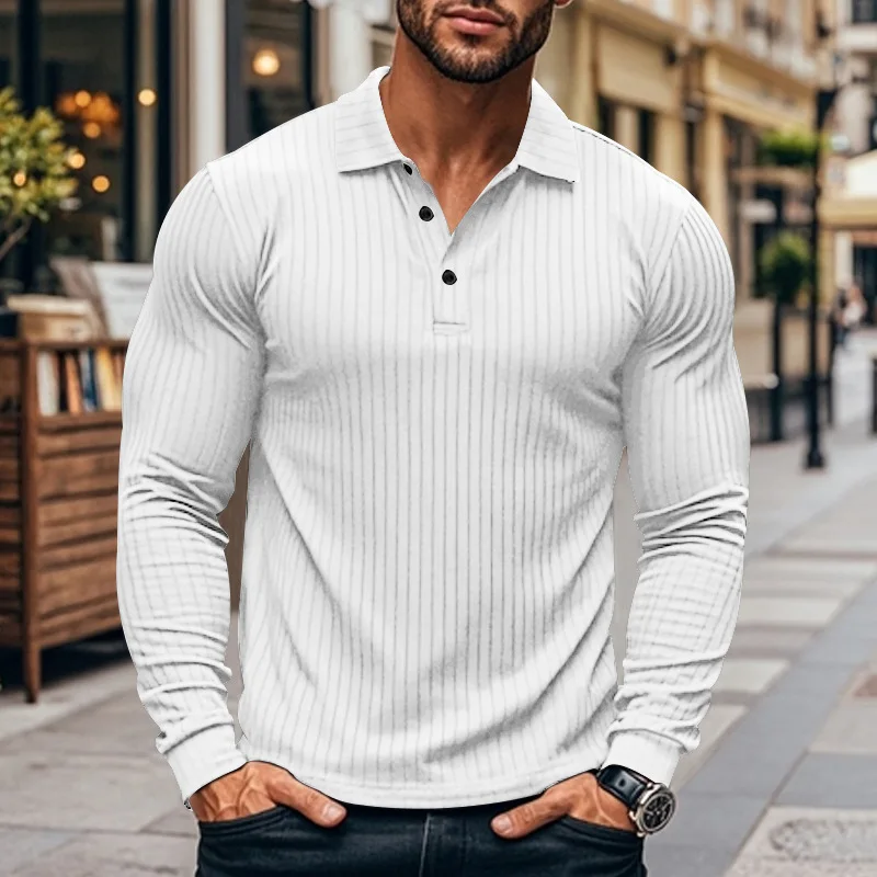 Cross-border autumn men\'s classic casual American lapel button-up long-sleeved T-shirt elastic pit strip polo shirt
