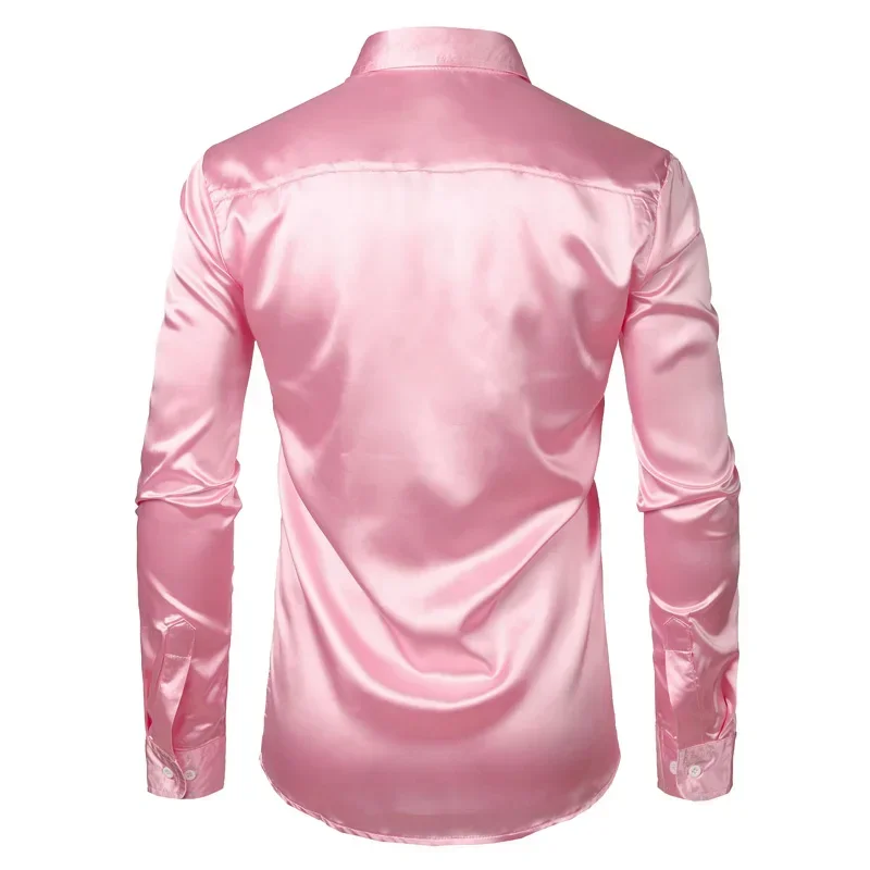 

Роскошная мужская рубашка из розового шелка и атласа, новинка 2023, брендовая Облегающая рубашка для смокинга с длинным рукавом, мужские классические рубашки для свадьбы, клуба, женских танцев, выпускного вечера
