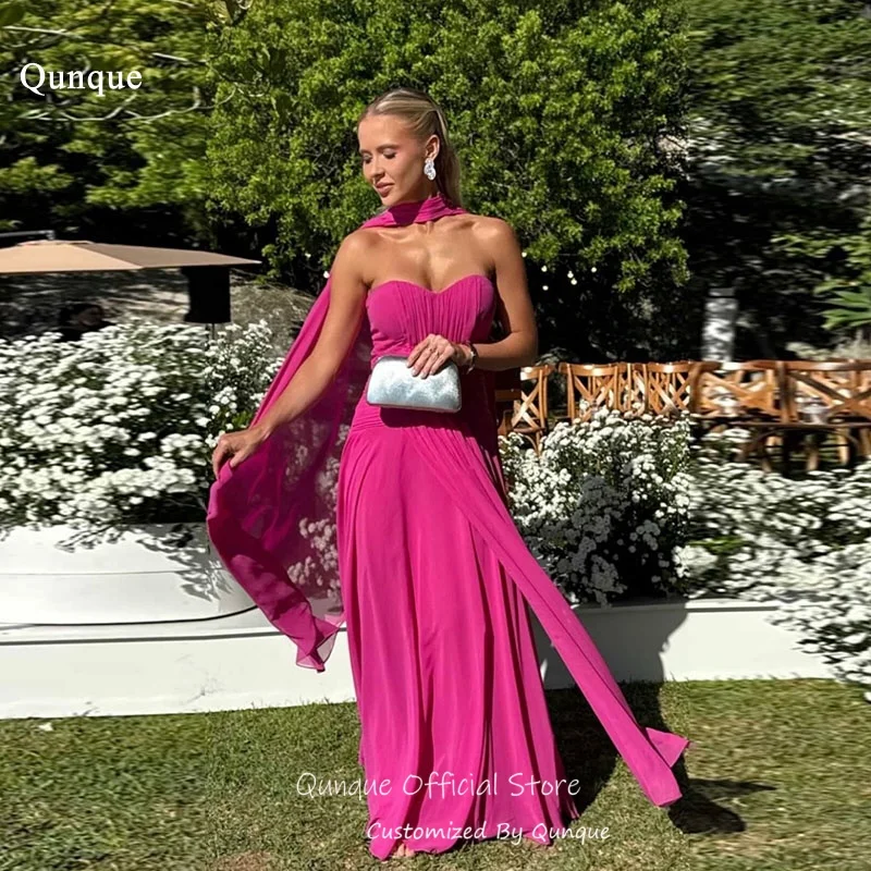 

Qunque Fashion Fuchsia Chiffon Evening Dresses Flowy Ribbons Prom Dresses A Line Sweetheart Long Robes De Soirée Customized