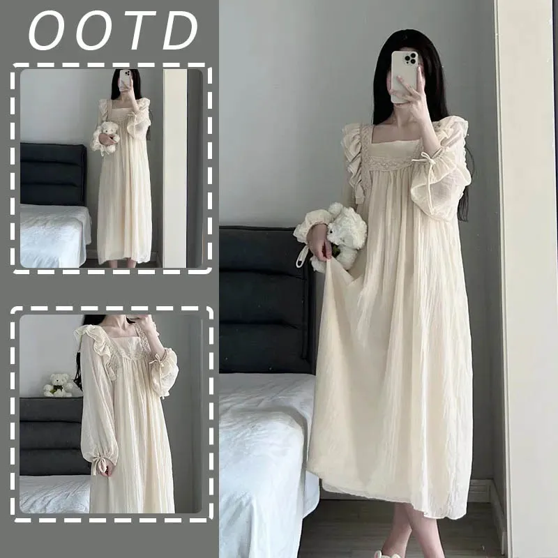 Lace Sleepwear Women Korean Square Collar Nightgown Ruffles Night Dress Spring One Piece Pajamas Long Sleeve Sleeping Home Wear