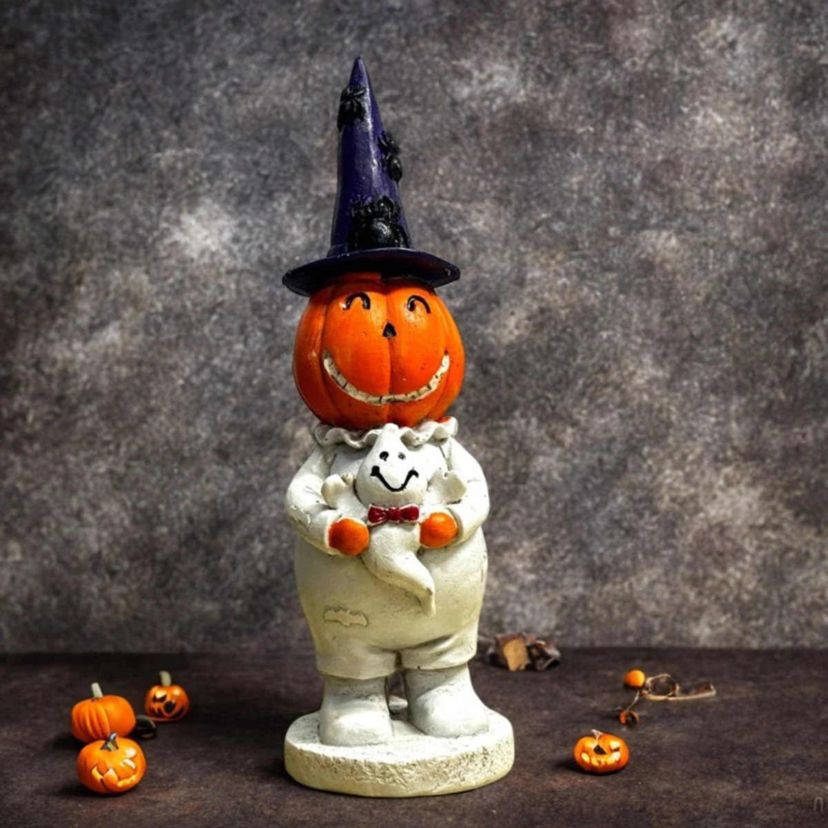 

Cute Purple Hat Pumpkin Resin Decor - Halloween Tabletop Ornament, Witchy Party Desk Accessory